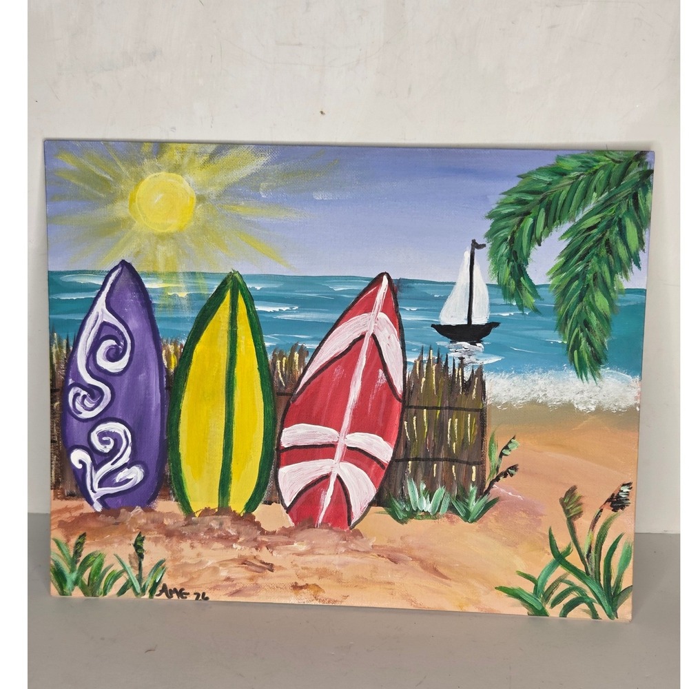 Ready to Surf Original Acrylic Beach Painting Signed 11x13 Surfboards Coastal